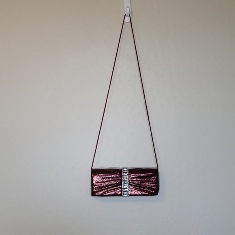 Gunne Sax Burgundy Metallic Rhinestone Accent Clutch Pleated  10 X 4